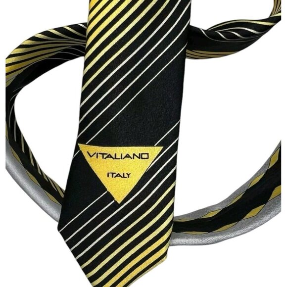 VITALIANO PANCALDI Men's Silk Necktie LUXURY Tie Black Gold Geometric W:3.7" EUC - Picture 4 of 7